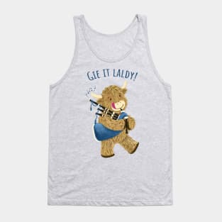 Wee Hamish Scottish Highland Cow And Bagpipes Says Gie It Laldy! Tank Top